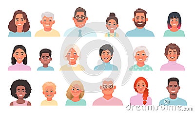 Set of avatars of characters of different ages and nationalities. A collection of portraits of men and women, boys and girls Cartoon Illustration