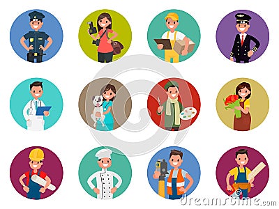 Set of avatars characters of different professions: policeman, photographer, courier, pilot, doctor and others. Vector illustrati Cartoon Illustration