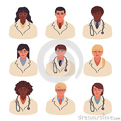 Set of avatars of different doctors isolated on a white background. Vector web element. People user person. Illustration in Stock Photo