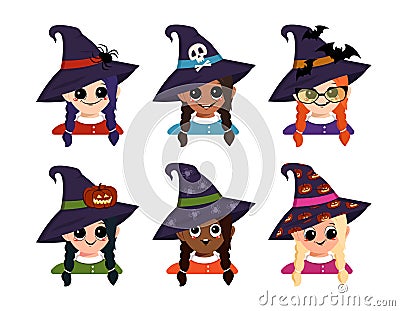 Set of avatars girl of different nationalities with big eyes and wide happy smile in pointed witch hat Vector Illustration