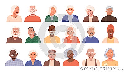 Set of avatars of happy smiling seniors. Elderly people. Portraits of old men and women of different nationalities Cartoon Illustration