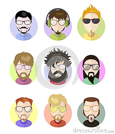 Set avatars profile flat icons, different characters. Trendy beards, glasses. Vector Illustration