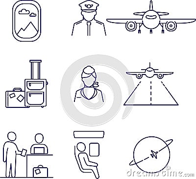 Set of aviation icons. Outline illustration. Vector icons of airplane, pilot, cabin crew. Web icons. Vector Illustration