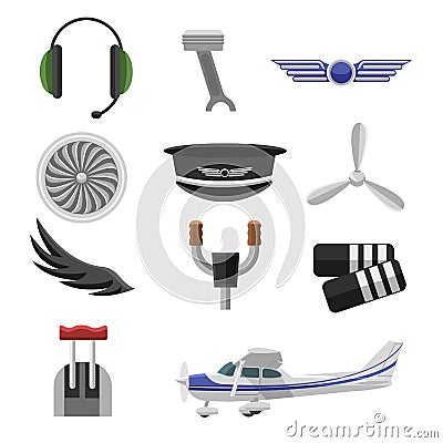 Set of aviation icons. Small aviation symbols and elements flat design Vector Illustration