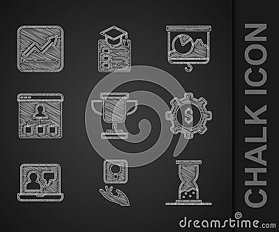 Set Award cup, Light bulb, Old hourglass with sand, Gear dollar, Online education, Chalkboard chart and Financial growth Vector Illustration
