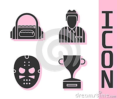 Set Award cup, Sport bag, Hockey mask and Hockey judge, referee, arbiter icon. Vector Vector Illustration