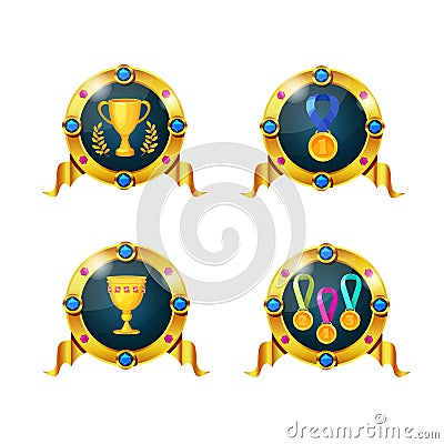 Set of awards, badges, achievements. Icons of gold cups, medals. Vector Illustration