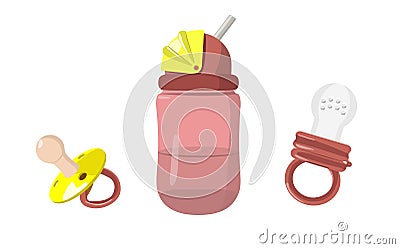 Set of baby bottle, soother and nibbler isolated illustration Vector Illustration