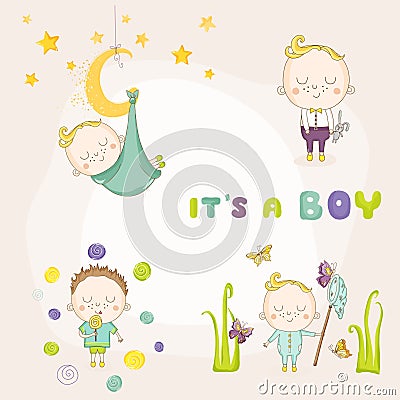 Set of Baby Boy - for Baby Shower or Arrival Card Vector Illustration