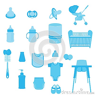 Set of Baby Care and Child Equipment Vectors and Icons Vector Illustration