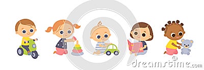 Set of baby characters. Babies playing with toys Vector Illustration