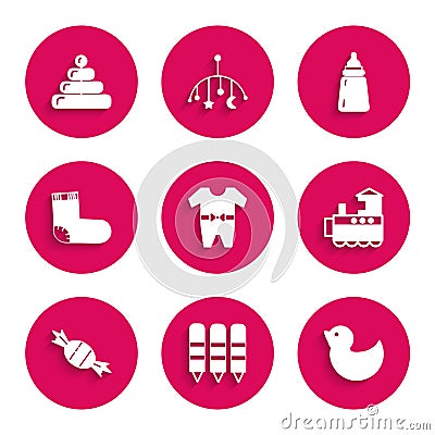 Set Baby clothes, Wax crayons for drawing, Rubber duck, Toy train, Candy, socks, bottle and Pyramid toy icon. Vector Vector Illustration