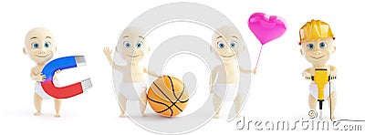 Set baby 3d in different occupations and different objects on a white background Cartoon Illustration