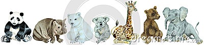 Set of the baby hippo, giraffe, brown bear, coala, polar bear, panda, elephant, panorama,watercolor Cartoon Illustration