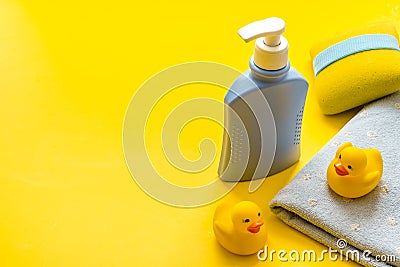 Set of baby hygiene and bath items with shampoo bottle and soap Stock Photo