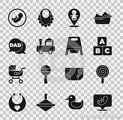 Set Baby, Lollipop, ABC blocks, dummy pacifier, Toy train, Speech bubble dad, and potty icon. Vector Vector Illustration