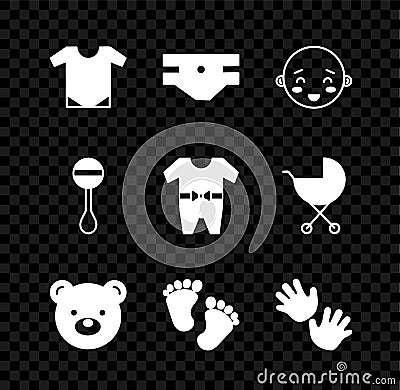 Set Baby onesie, absorbent diaper, Happy little boy head, Teddy bear plush toy, footprints, hands, Rattle baby and Vector Illustration