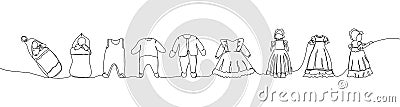 Set of baby rompers, children clothing, baby overalls, swaddling, dress, one line art. Continuous line drawing of Cartoon Illustration