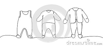 Set of baby rompers, children s clothing, overalls one line art. Continuous line drawing of clothes, dress, children s Vector Illustration