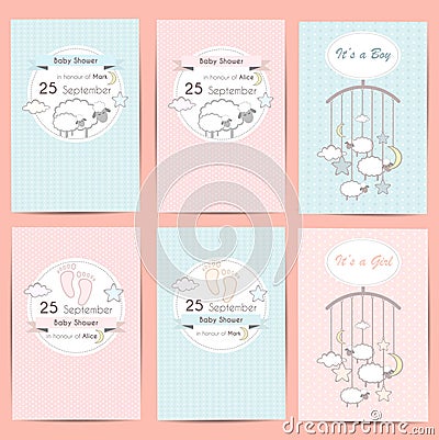 Set of Baby shower boy and girl invitation cards Vector Illustration