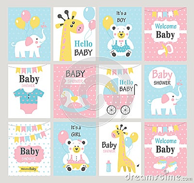 Set of baby shower cards. Vector Illustration