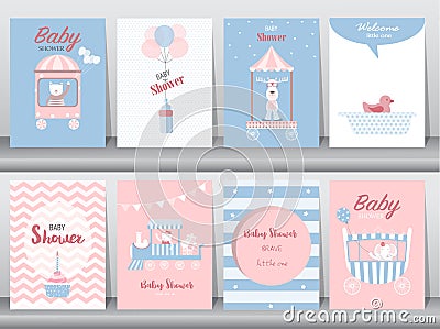 Set of baby shower invitation cards,birthday cards,poster,template,greeting cards,cute,bear,train,car,animal,Vector illustrations Vector Illustration