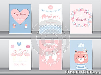 Set of baby shower invitations cards,poster,greeting,template,animal,bear,flamingo,Vector illustrations Vector Illustration