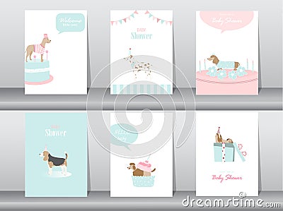 Set of baby shower invitations cards,poster,greeting,template,animals,dogs,Vector illustrations Vector Illustration