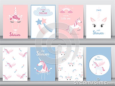 Set of baby shower invitations cards, poster, greeting, template, animals,unicorn, Vector illustrations Vector Illustration