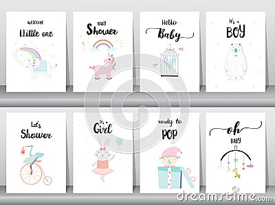 Set of baby shower invitations cards,poster,greeting,template,animals,Vector illustrations Vector Illustration