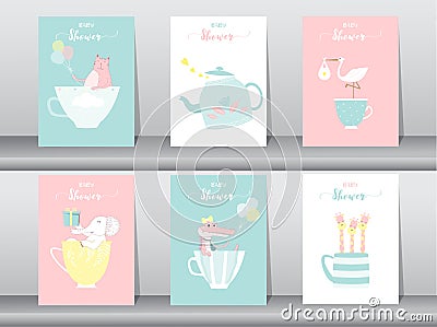 Set of baby shower invitations cards,poster,greeting,template,animals,Vector illustrations Vector Illustration