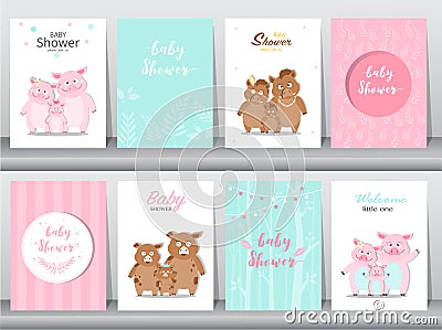 Set of baby shower invitations cards, poster, greeting, template, animals,wild boars,pig,hogs,Vector illustrations Vector Illustration