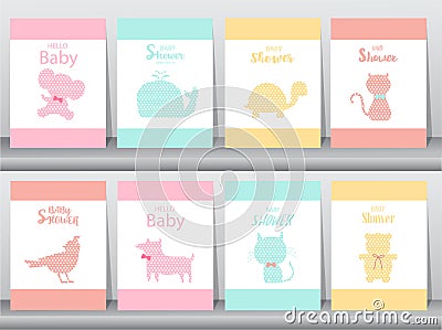 Set of baby shower invitations on paper cards, poster, greeting, template, animals,whale,birds,cats,bear, Vector illustrations Vector Illustration