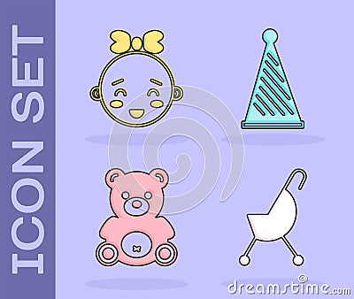 Set Baby stroller, Happy little girl head, Teddy bear plush toy and Party hat icon. Vector Vector Illustration