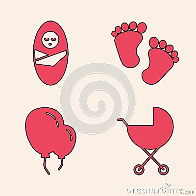 Set Baby stroller, Newborn baby infant swaddled, Baby footprints and Balloons with ribbon icon. Vector Vector Illustration