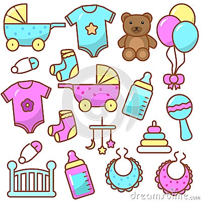 Set of baby tools and baby shower elements for boys and girls with cute design Stock Photo