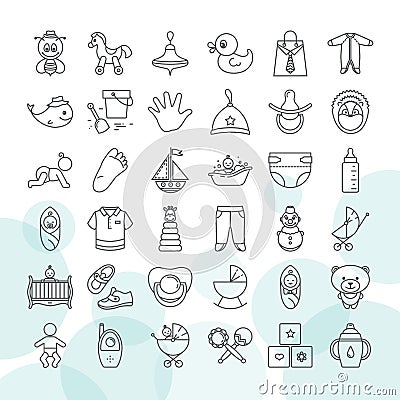 Set of baby toys and clothes icon set isolated on a white background. Vector Illustration