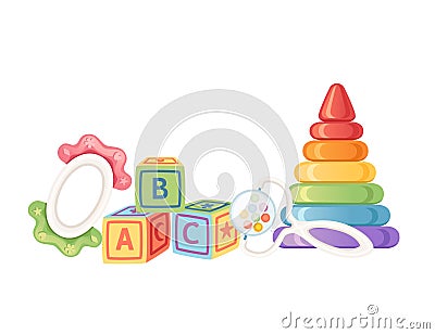 Set of baby toys pyramid teething bracelet and abc blocks vector illustration isolated on white background Vector Illustration