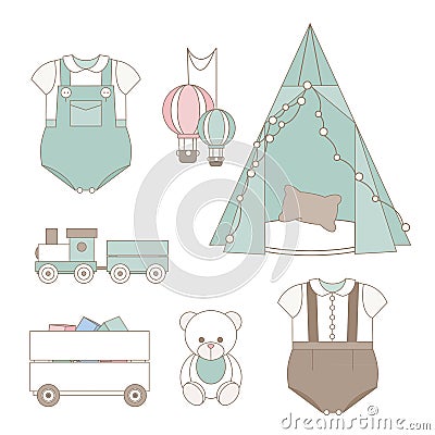 Set with baby trendy clothes, furniture and toys. Trendy baby and children elements Vector Illustration