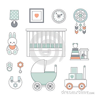 Set with baby trendy furniture and toys Vector Illustration