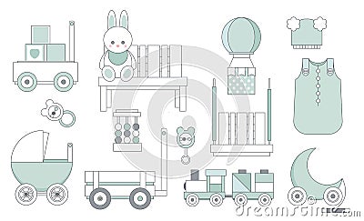 Set with baby trendy furniture and toys Vector Illustration