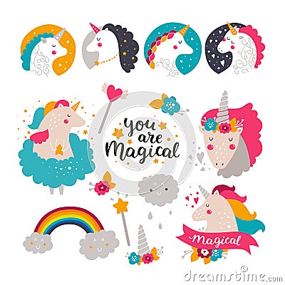 Set of baby unicorn and rainbow Vector Illustration