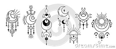 Set of back esoteric symbol with crescent, star and sun. Contour space sacred decoration. Vector outline magic elements Vector Illustration