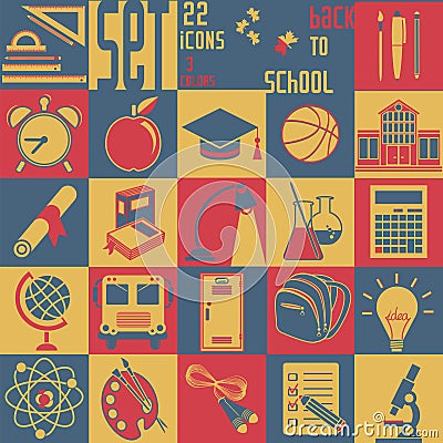 Set Back to school, 22 flat icons (Education symbo Vector Illustration