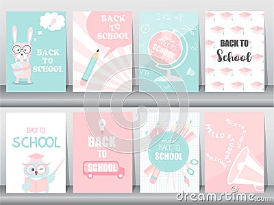Set of Back to School card set, school kids, chalkboards, learning,animal,cool, Vector illustration. Vector Illustration