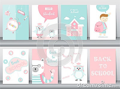 Set of Back to School card set, school kids, chalkboards, learning,animal,cool, Vector illustration. Vector Illustration