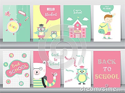 Set of Back to School card set, school kids, chalkboards, learning,animal,cool, Vector illustration. Vector Illustration