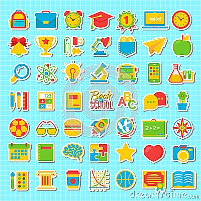 Set of back to school and education colot flat icons school supplies isolated Vector Illustration