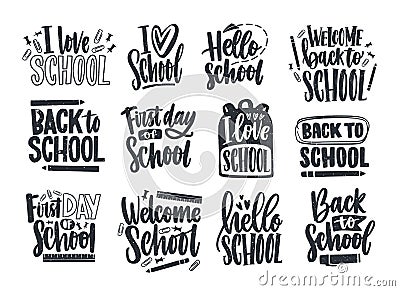 Set of Back to School lettering handwritten with elegant calligraphic font and decorated with stationary or writing Vector Illustration