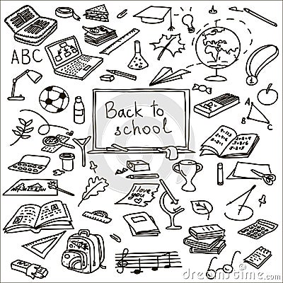 Set back to school. sketch. book, brush, calculator, eraser, fastener, globe Vector Illustration